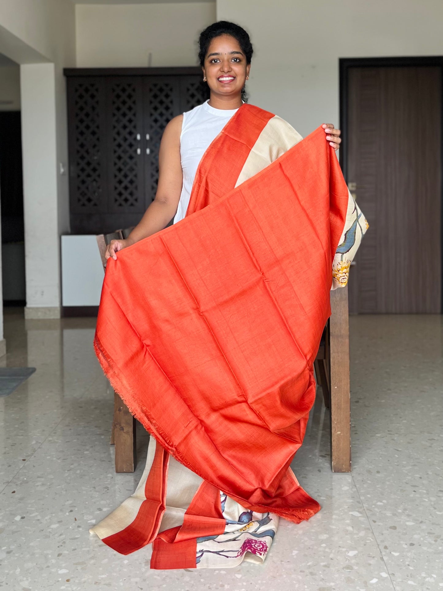 Cream and Orange Tussar Silk Saree with Prints