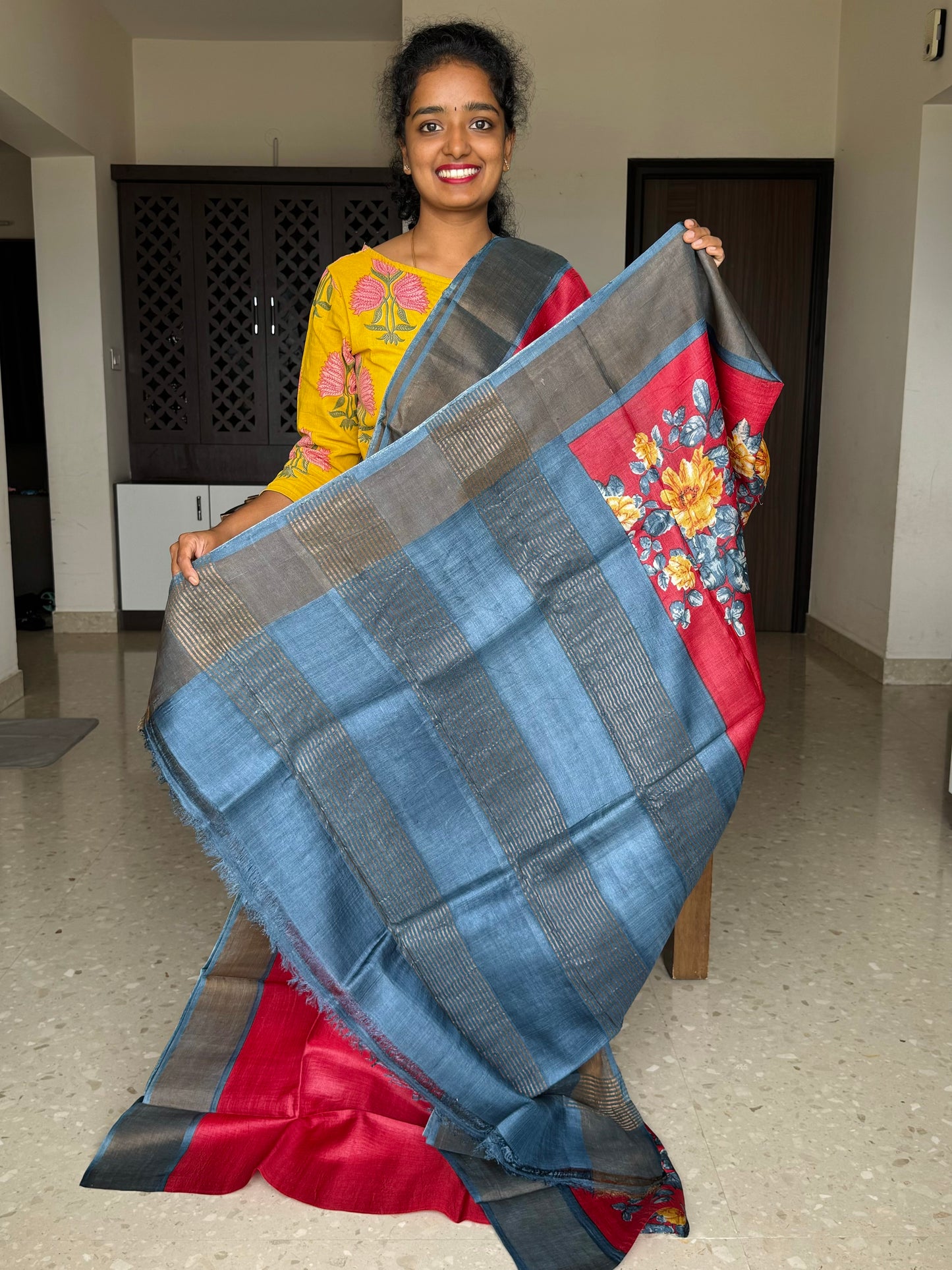 Red and Grey Tussar Silk Saree with Prints