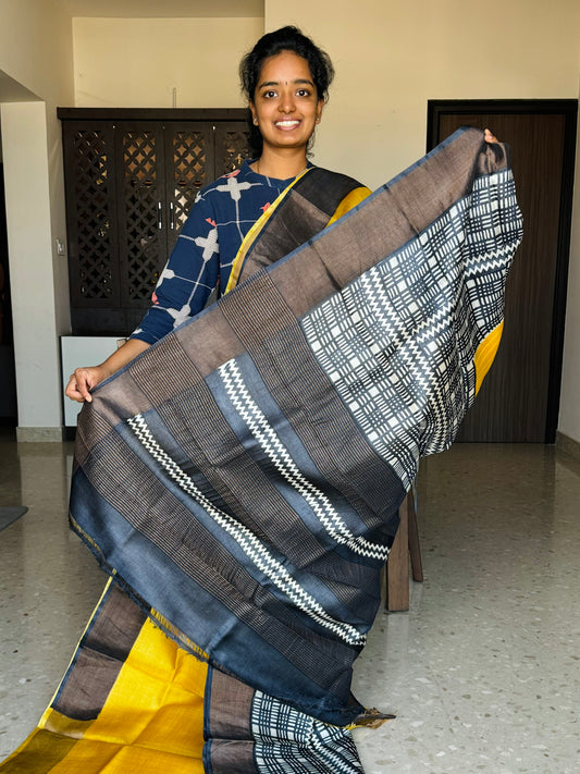 Yellow and Black Tussar Silk Saree with Prints