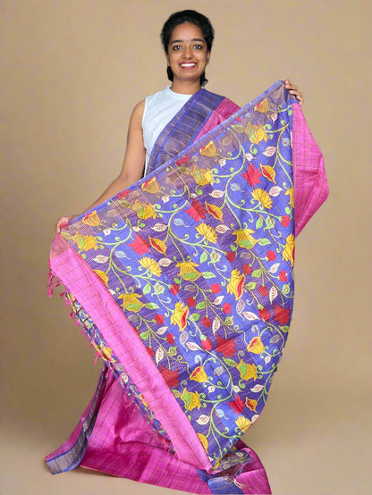 Magenta and Purple Tussar Silk Saree with Prints