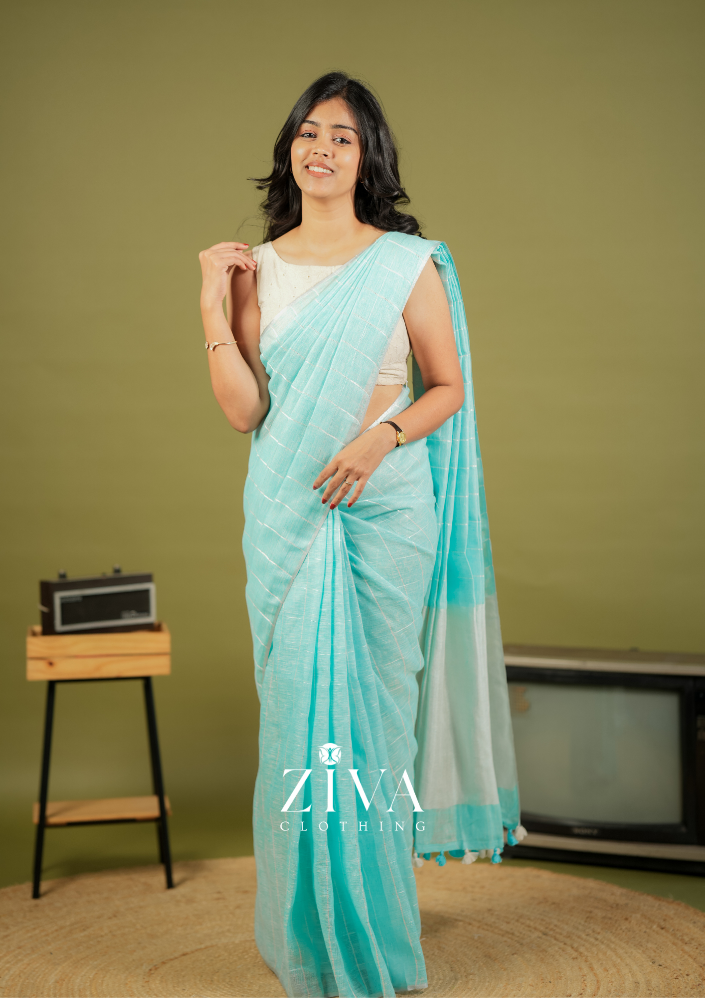 Blue Linen Saree Woven With Sequins