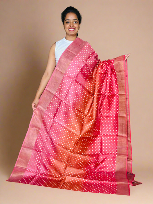 Pink and Orange Tussar Silk Saree with Prints