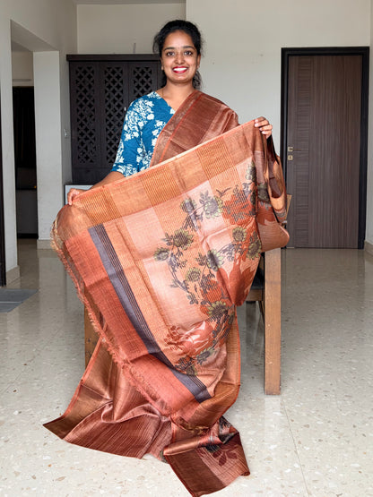 Rust Tussar Silk Saree with Prints
