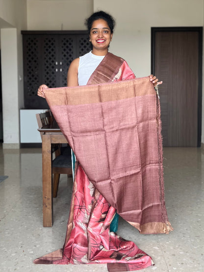 Pink and Brown Tussar Silk Saree with Prints