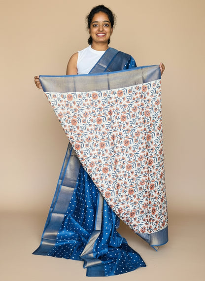 Royal Blue Tussar Silk Saree with Prints