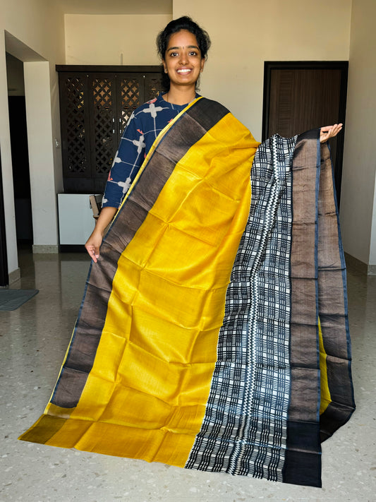 Yellow and Black Tussar Silk Saree with Prints