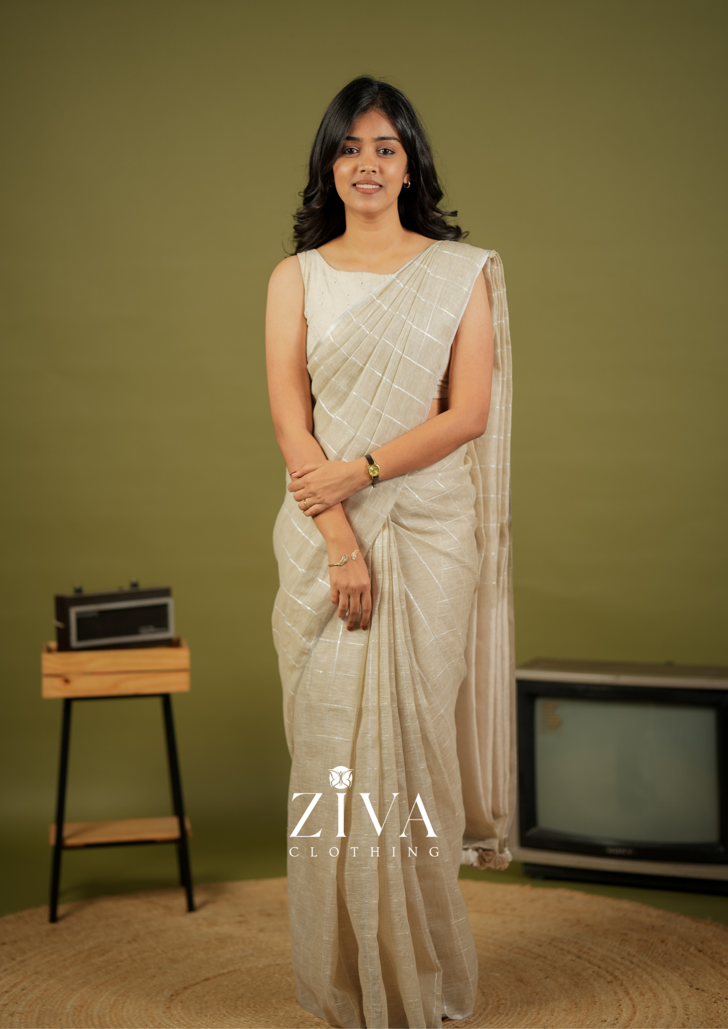 Tan Brown Linen Saree Woven With Sequins