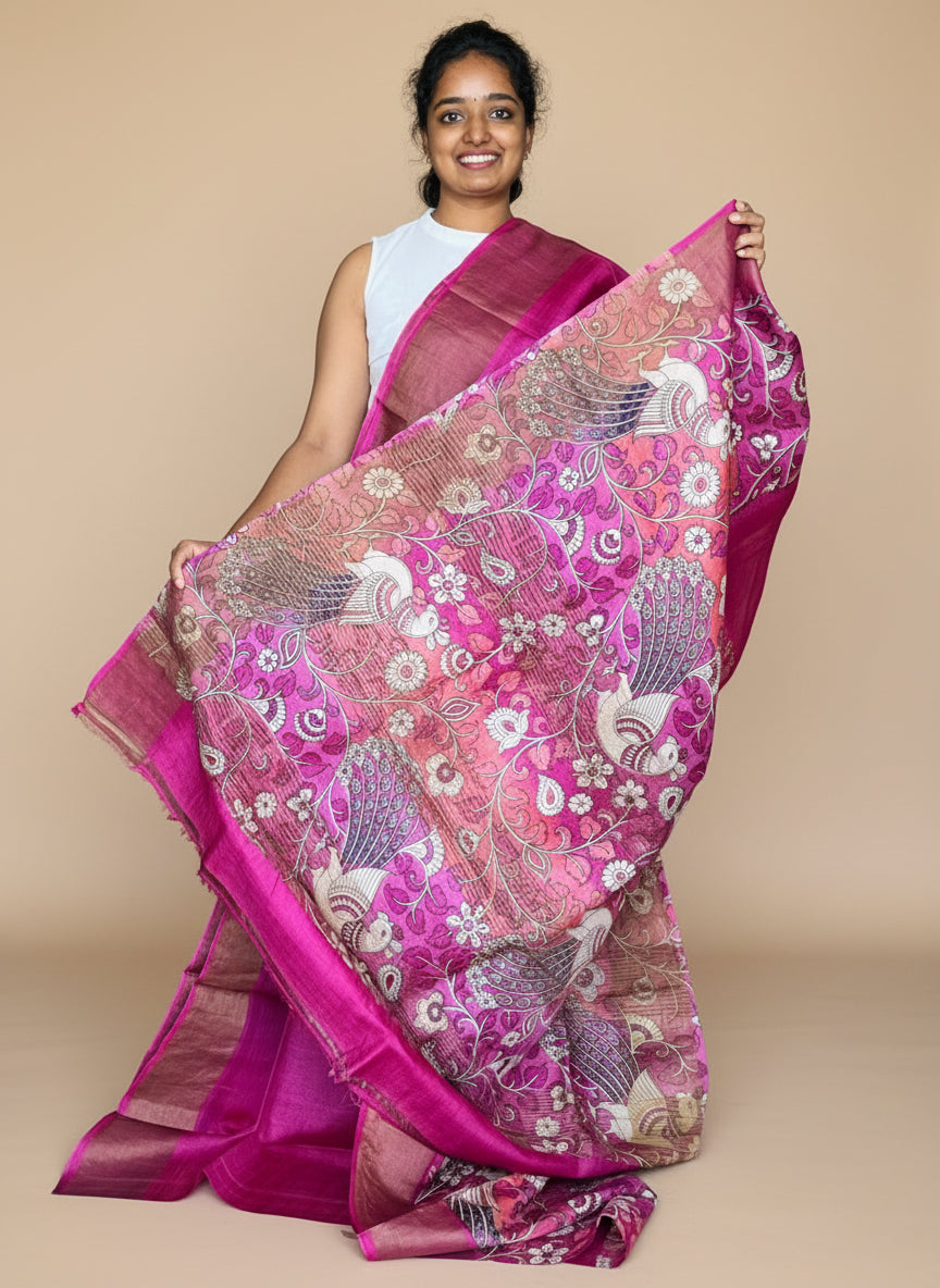 Magenta Tussar Silk Saree with Prints