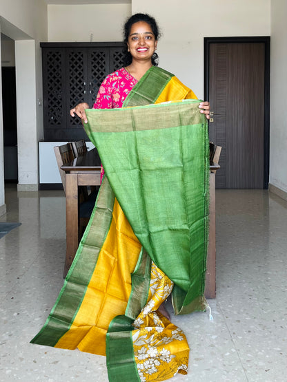 Yellow and Green Tussar Silk Saree with Prints