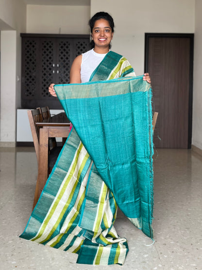 Cream and Green Tussar Silk Saree with Prints