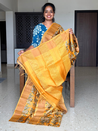 Orange Tussar Silk Saree with Prints