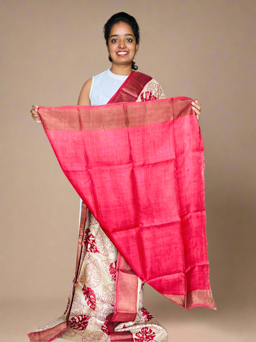 Cream and Red Tussar Silk Saree with Prints
