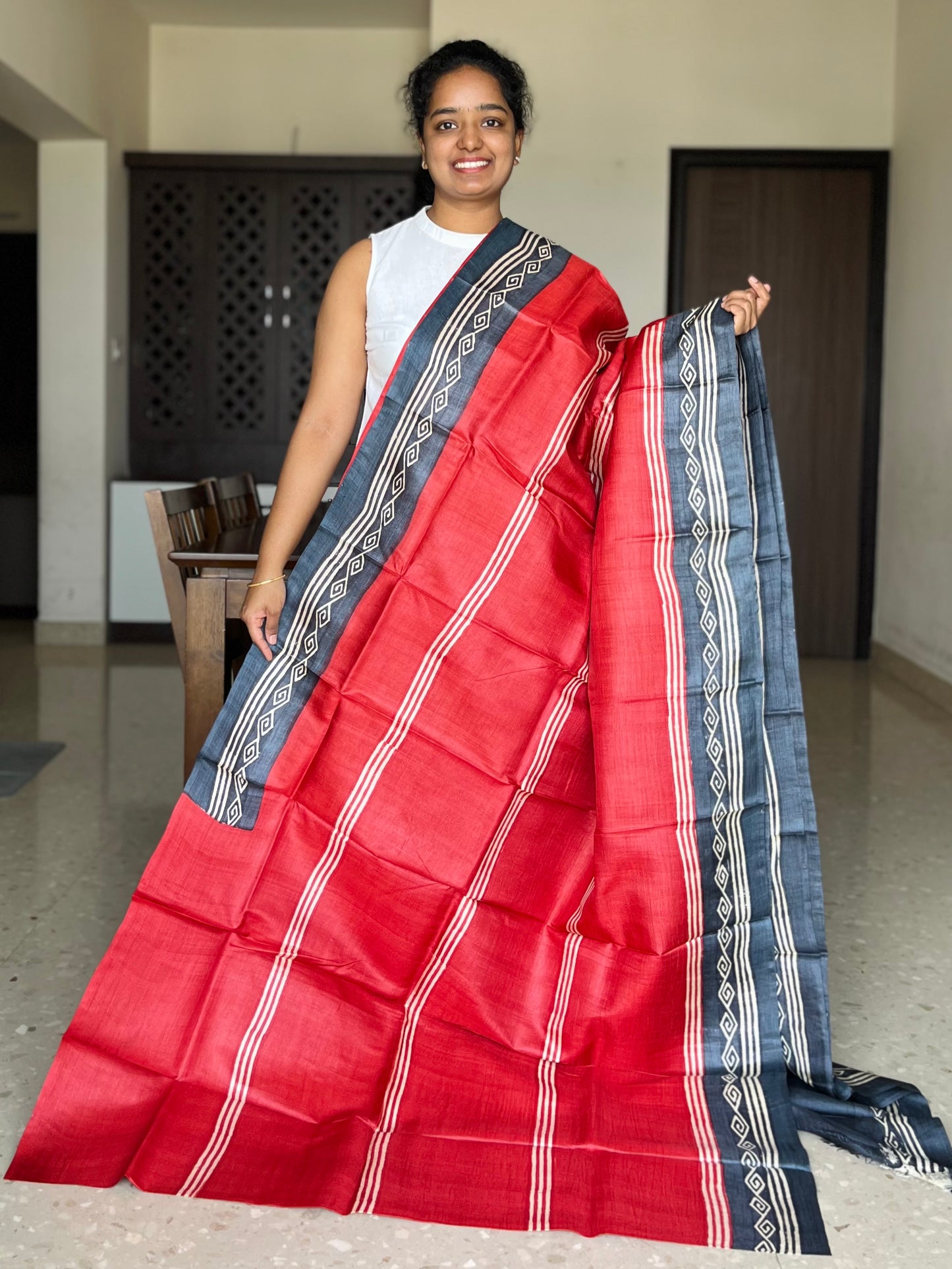 Red Tussar Silk Saree with Prints