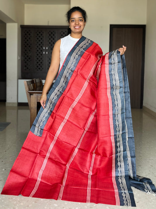 Red Tussar Silk Saree with Prints