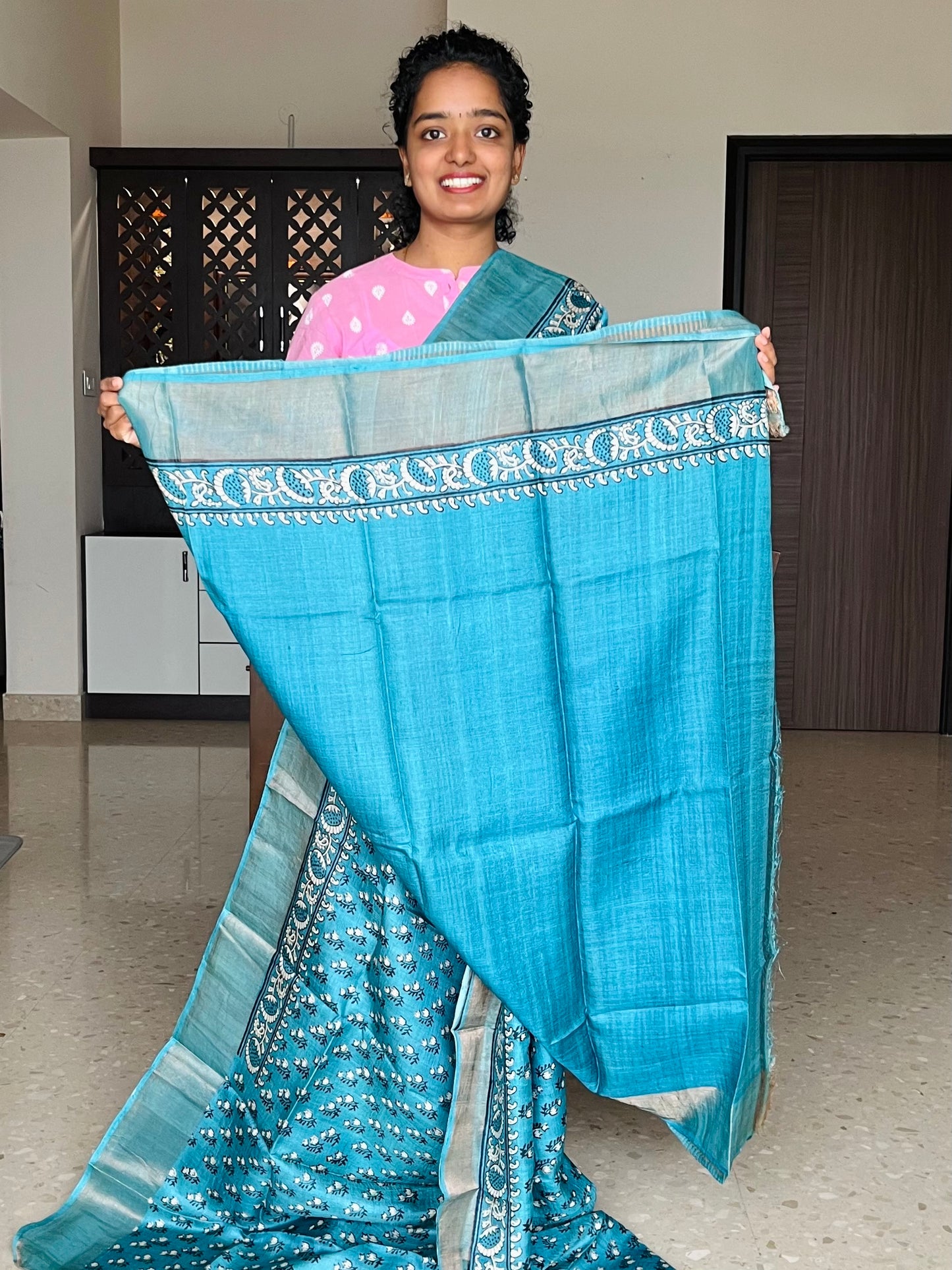 Powder Blue Tussar Silk Saree with Prints