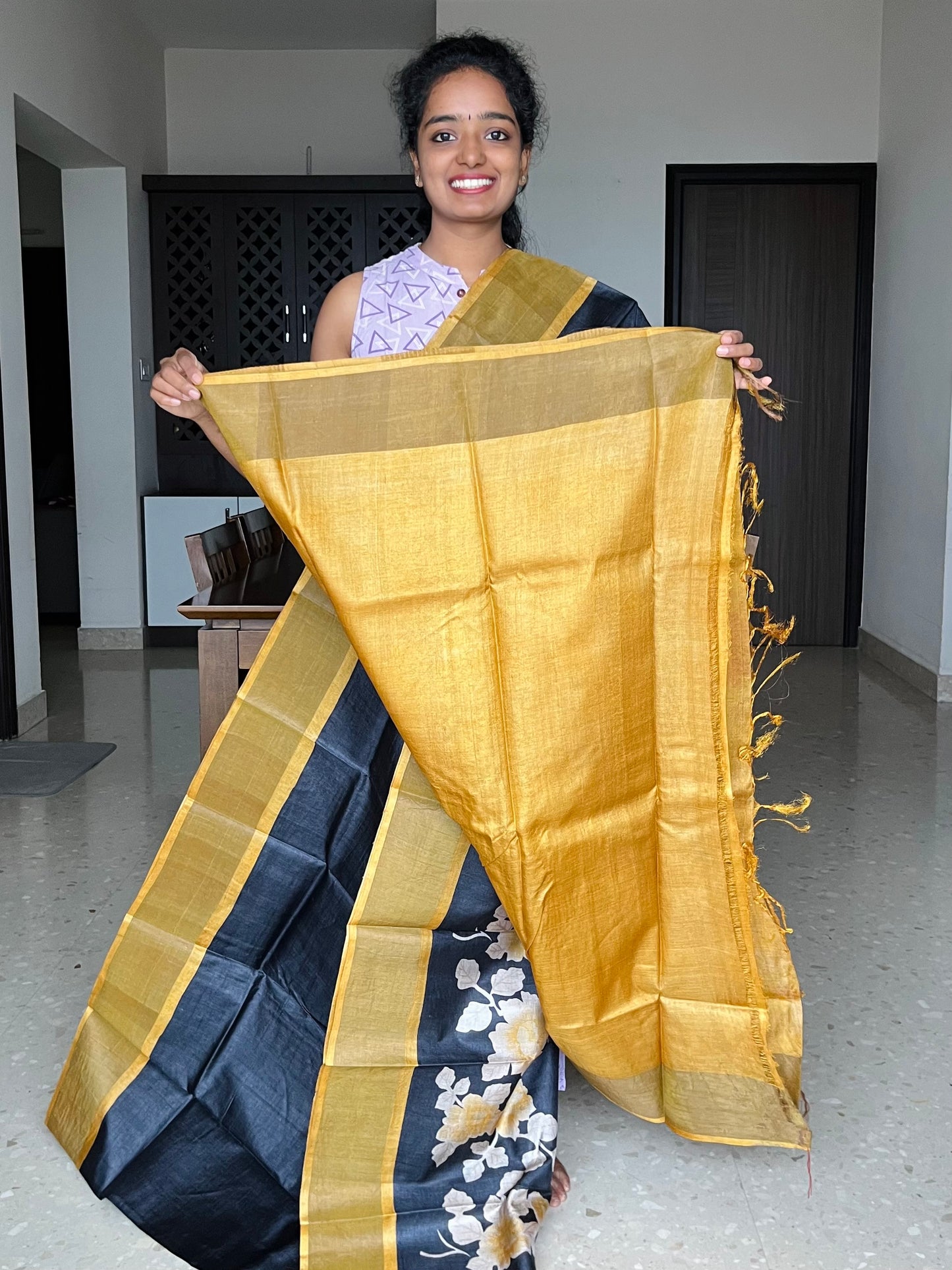 Black and Mustard Tussar Silk Saree with Prints