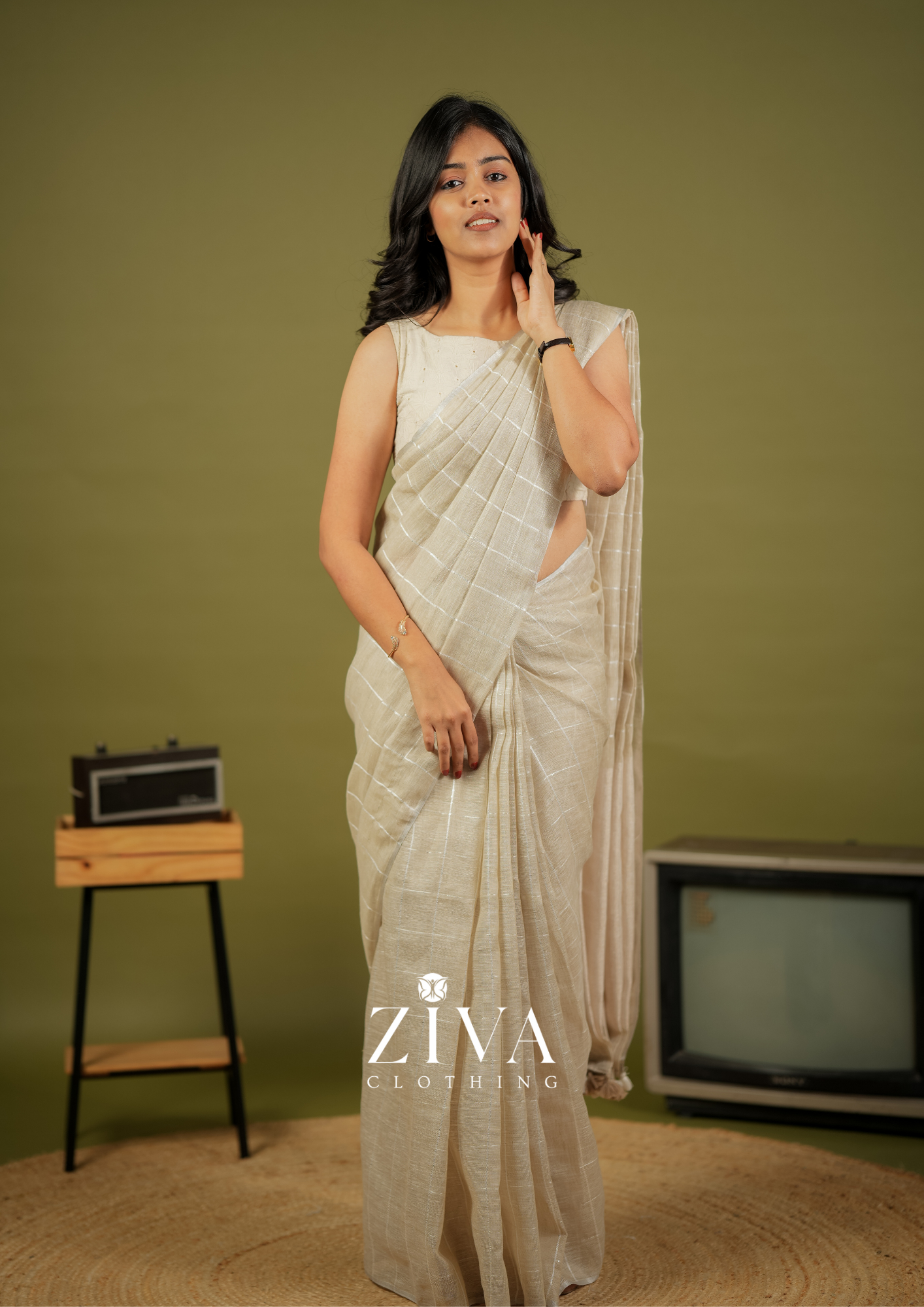 Tan Brown Linen Saree Woven With Sequins