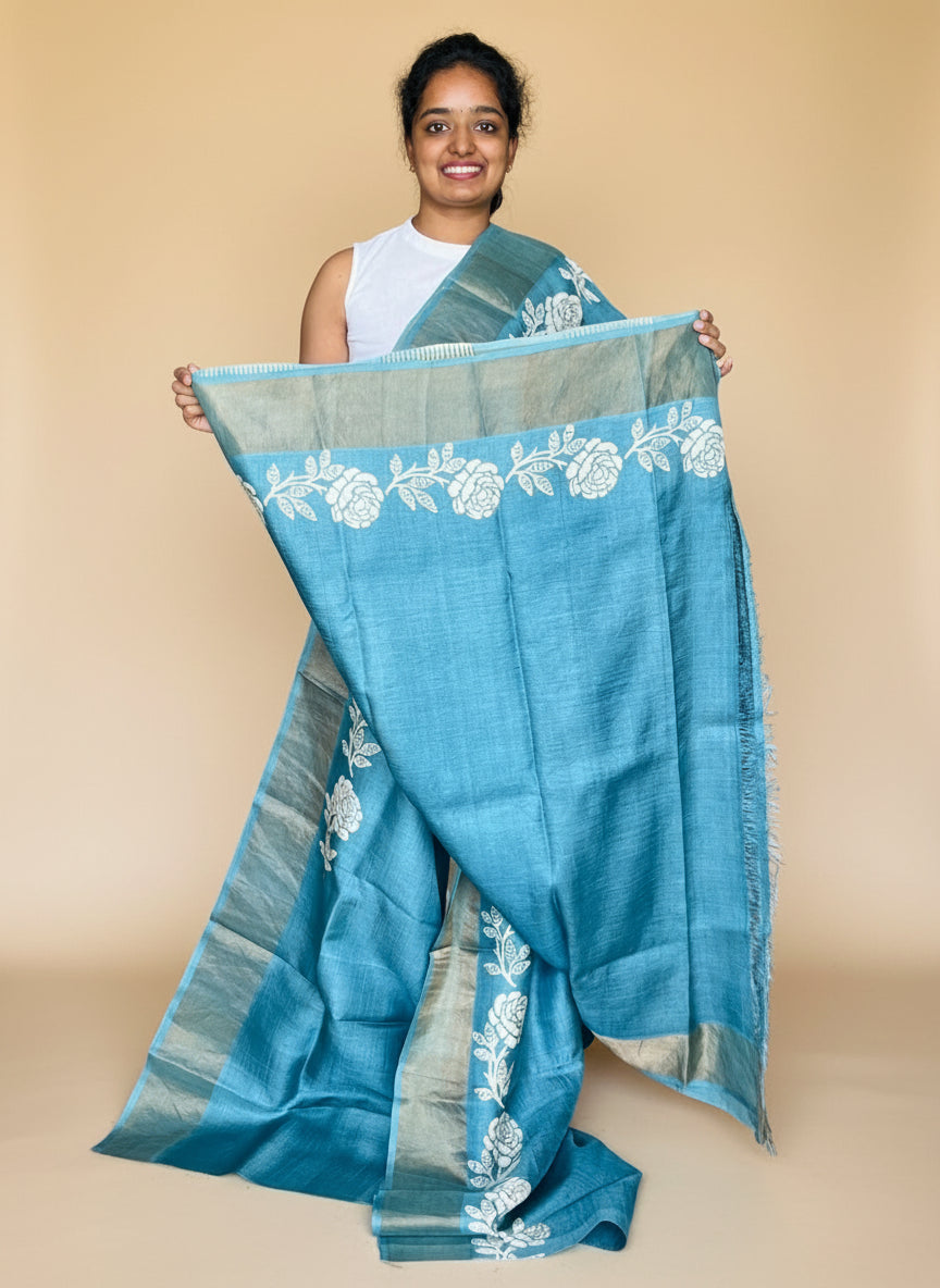 Grey Tussar Silk Saree with Prints