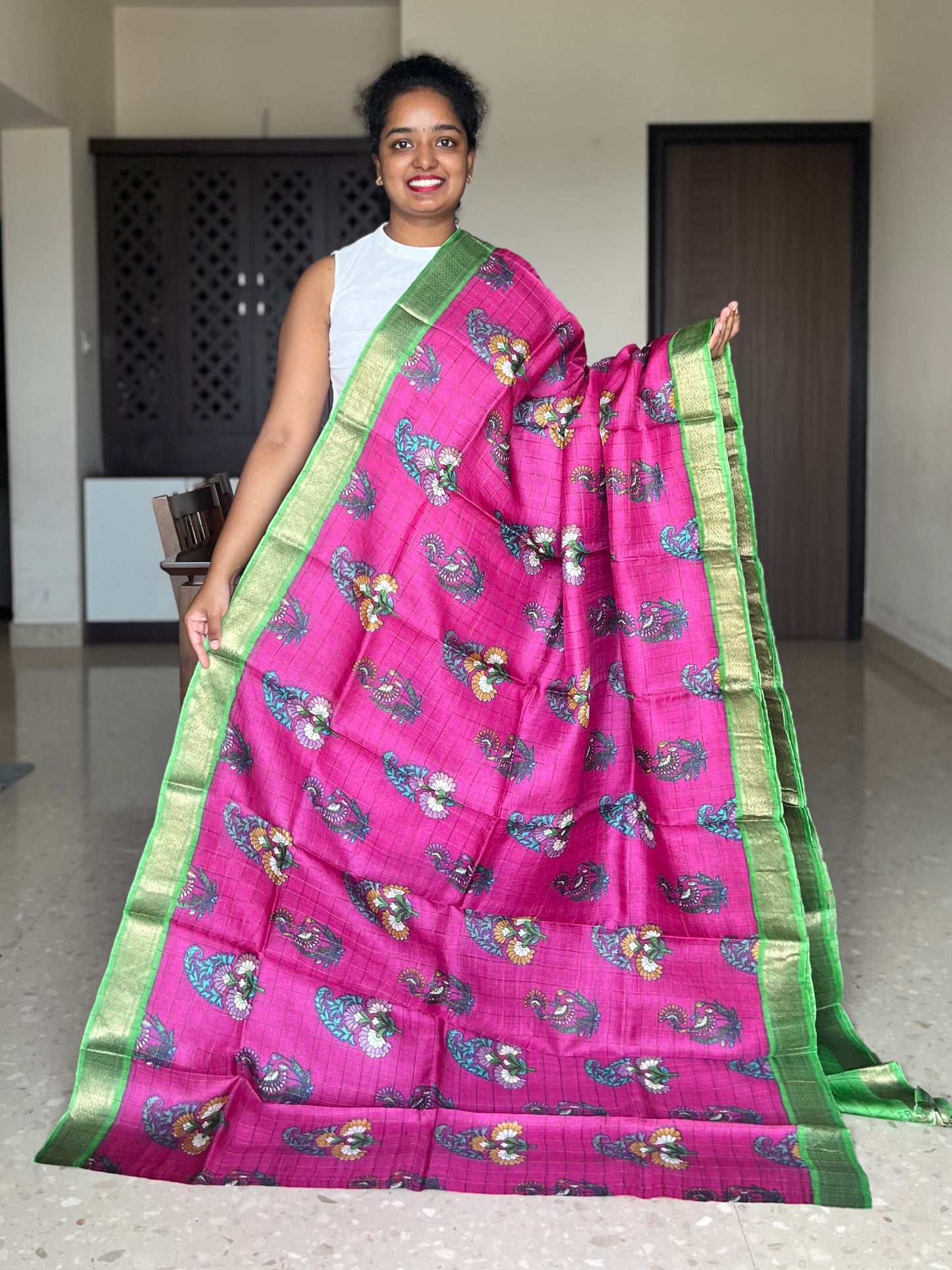 Magenta and Green Tussar Silk Saree with Prints