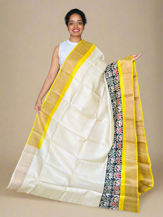 Cream and Yellow Tussar Silk Saree with Prints