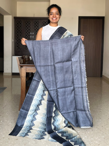 Cream and Grey Tussar Silk Saree with Prints