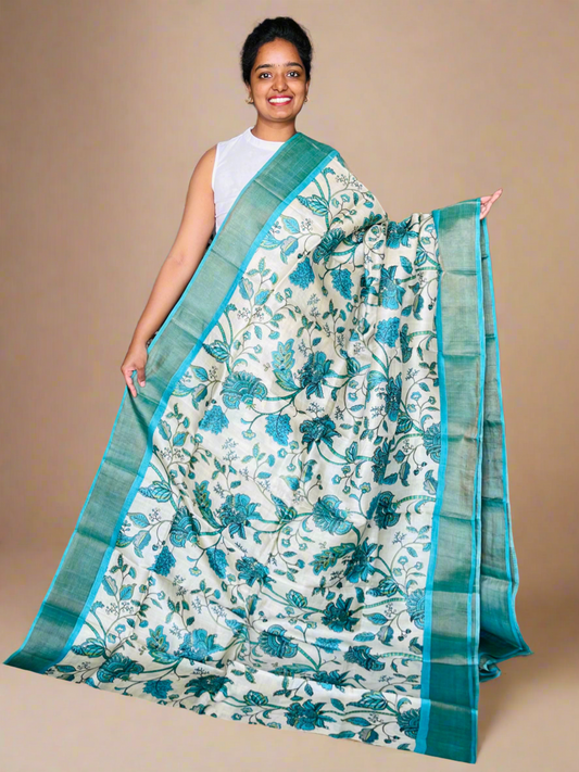 Cream and Blue Tussar Silk Saree with Prints