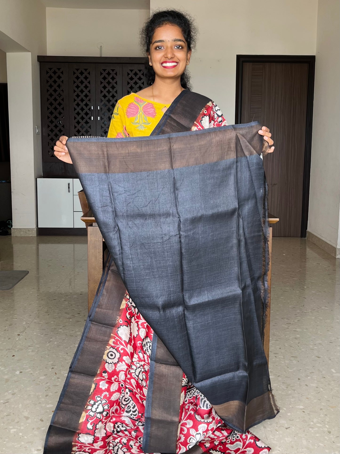 Red and Black Tussar Silk Saree with Prints