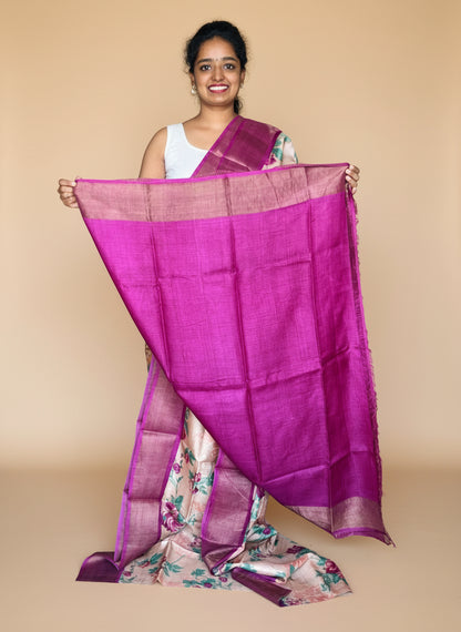 Peach and Magenta Tussar Silk Saree with Prints