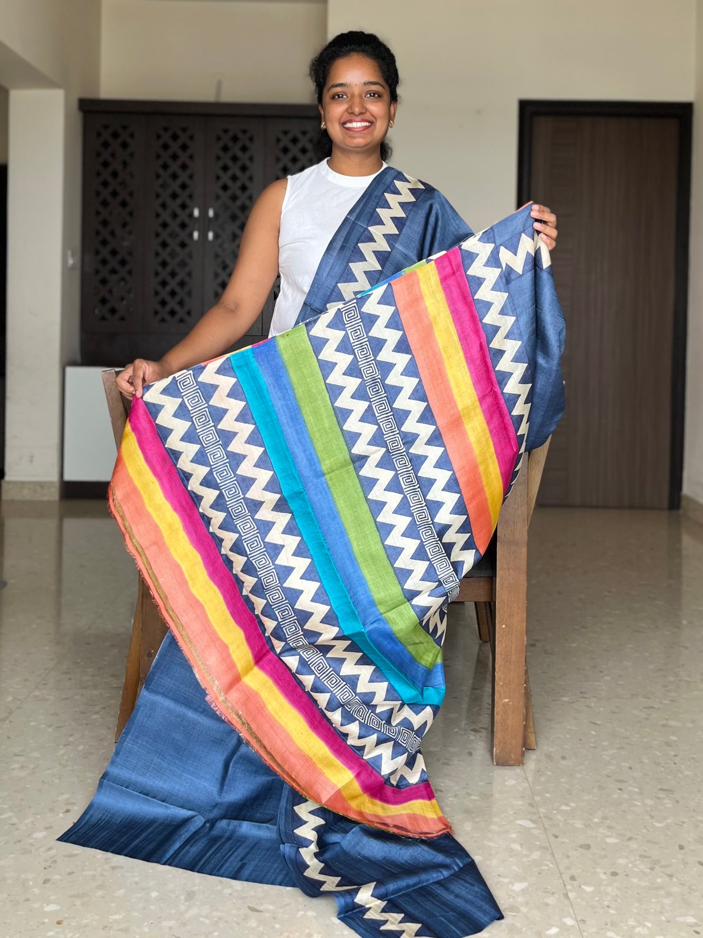 Blue Tussar Silk Saree with Prints
