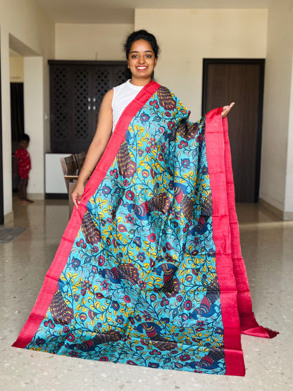 Blue and Red Tussar Silk Saree with Prints