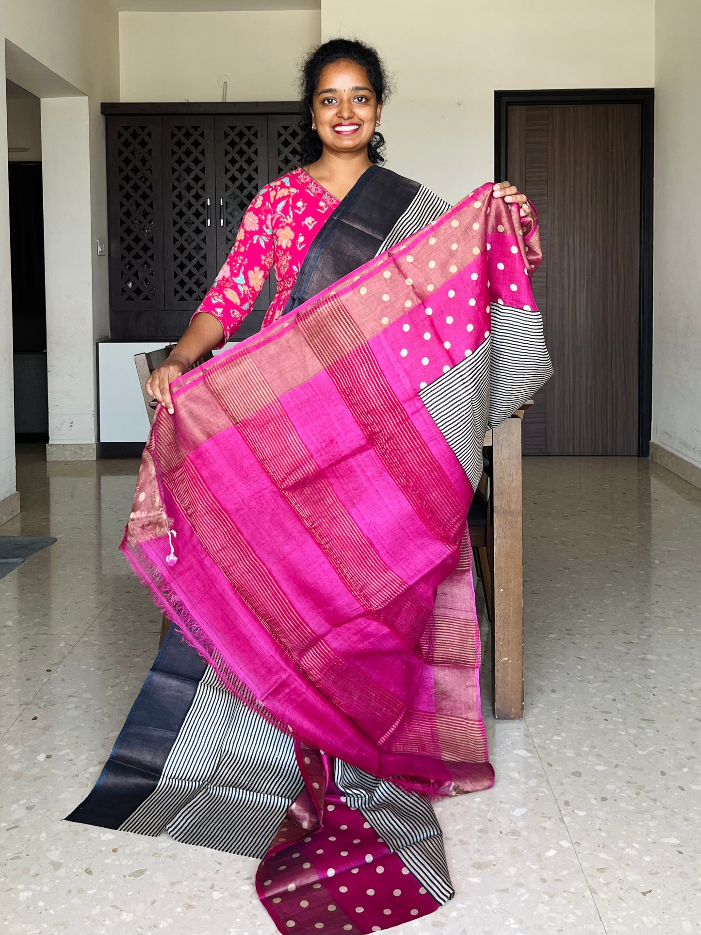 Black and Magenta Tussar Silk Saree with Prints