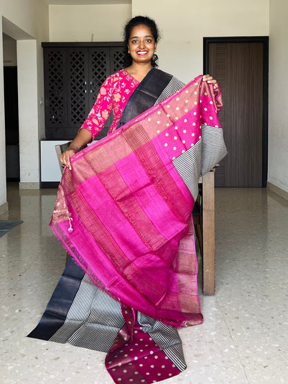 Black and Magenta Tussar Silk Saree with Prints