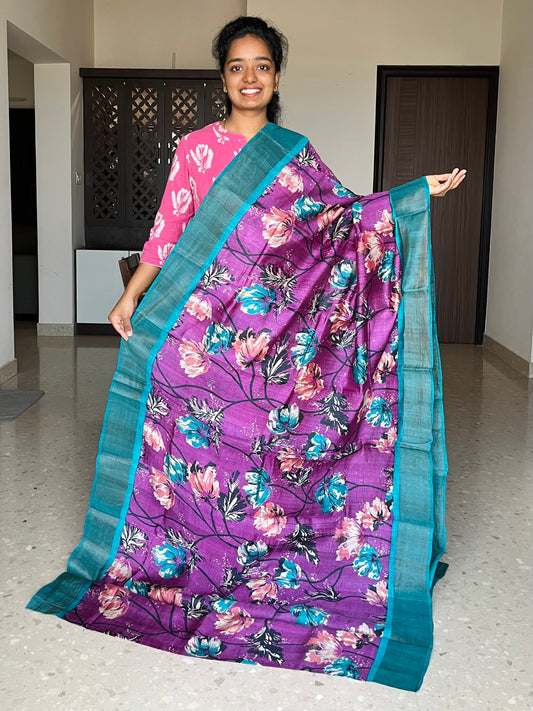 Violet and Blue Tussar Silk Saree with Prints