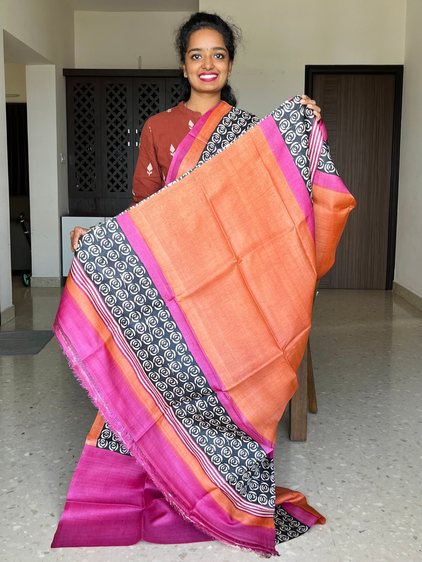 Pink and Orange Tussar Silk Saree with Prints