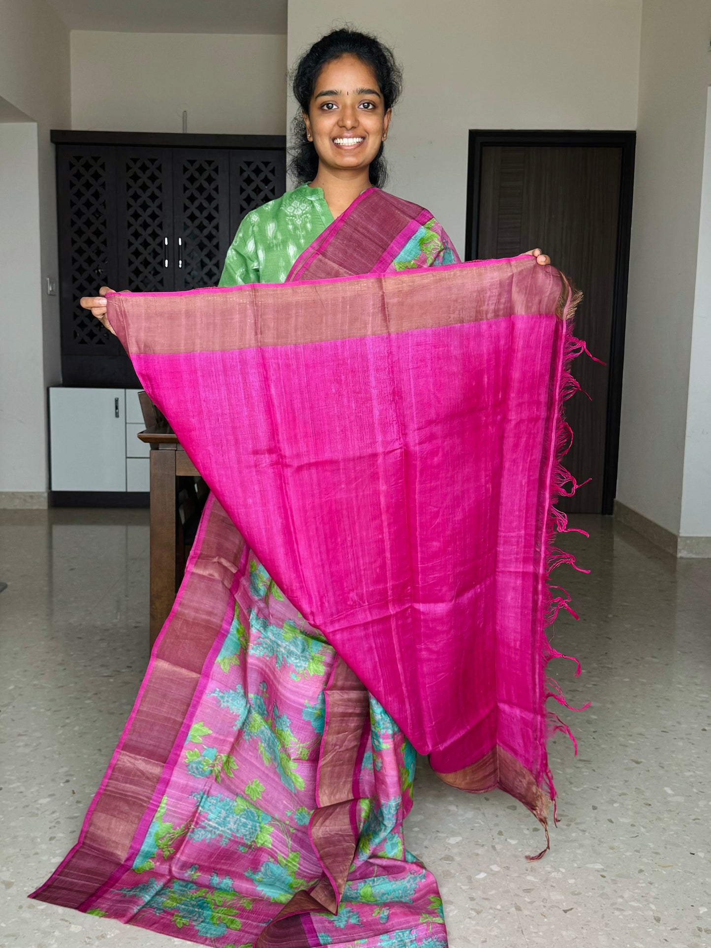 Dust Pink and Rani Pink Tussar Silk Saree with Prints