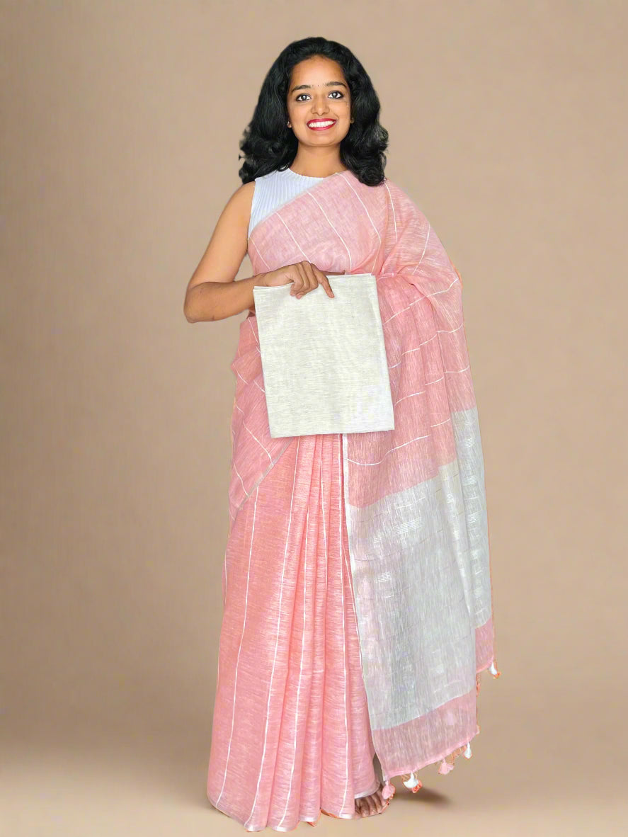 Flamingo Pink Linen Saree With Off White Pallu