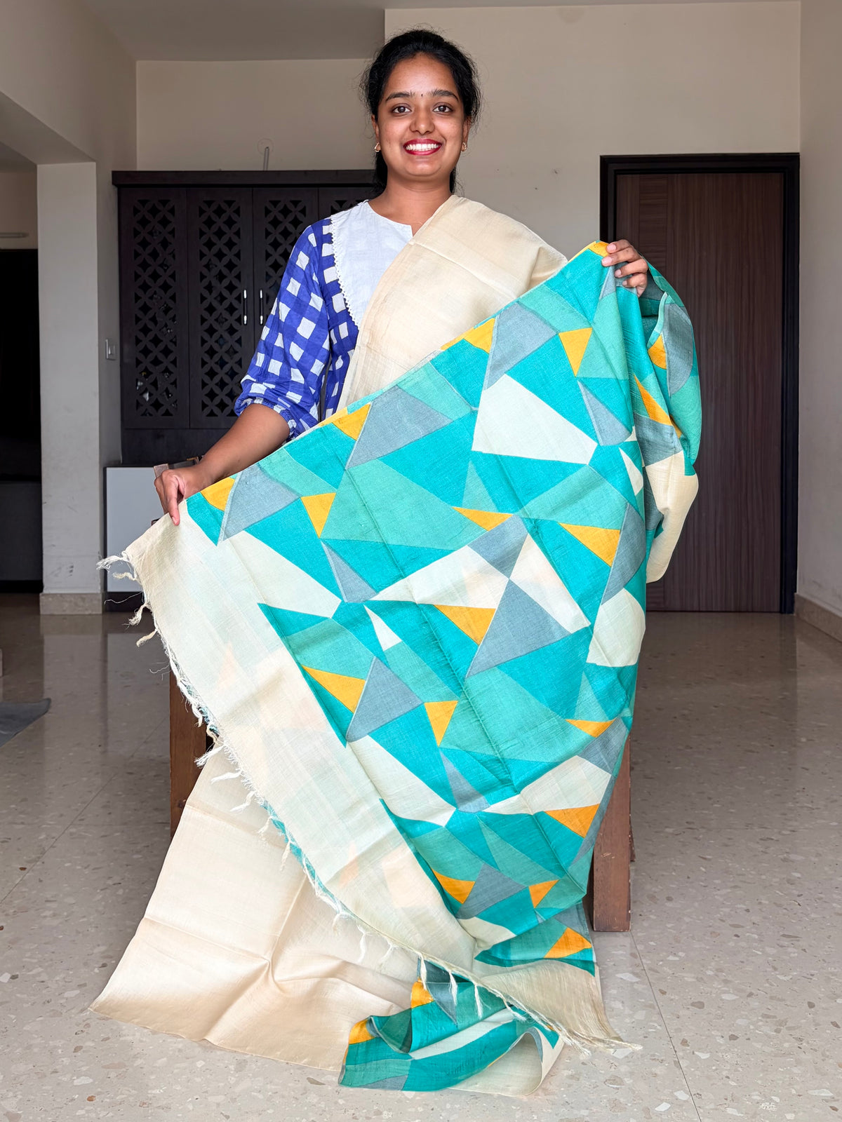 Cream Tussar Silk Saree with Prints