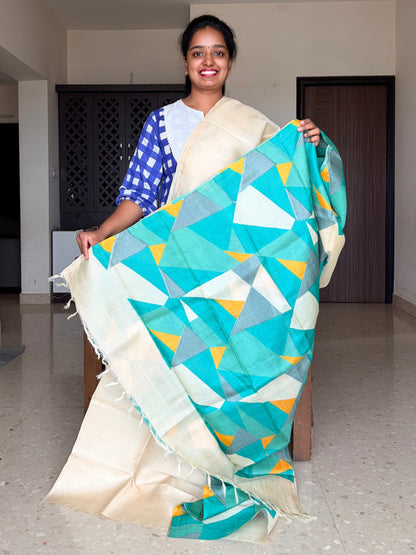 Cream Tussar Silk Saree with Prints