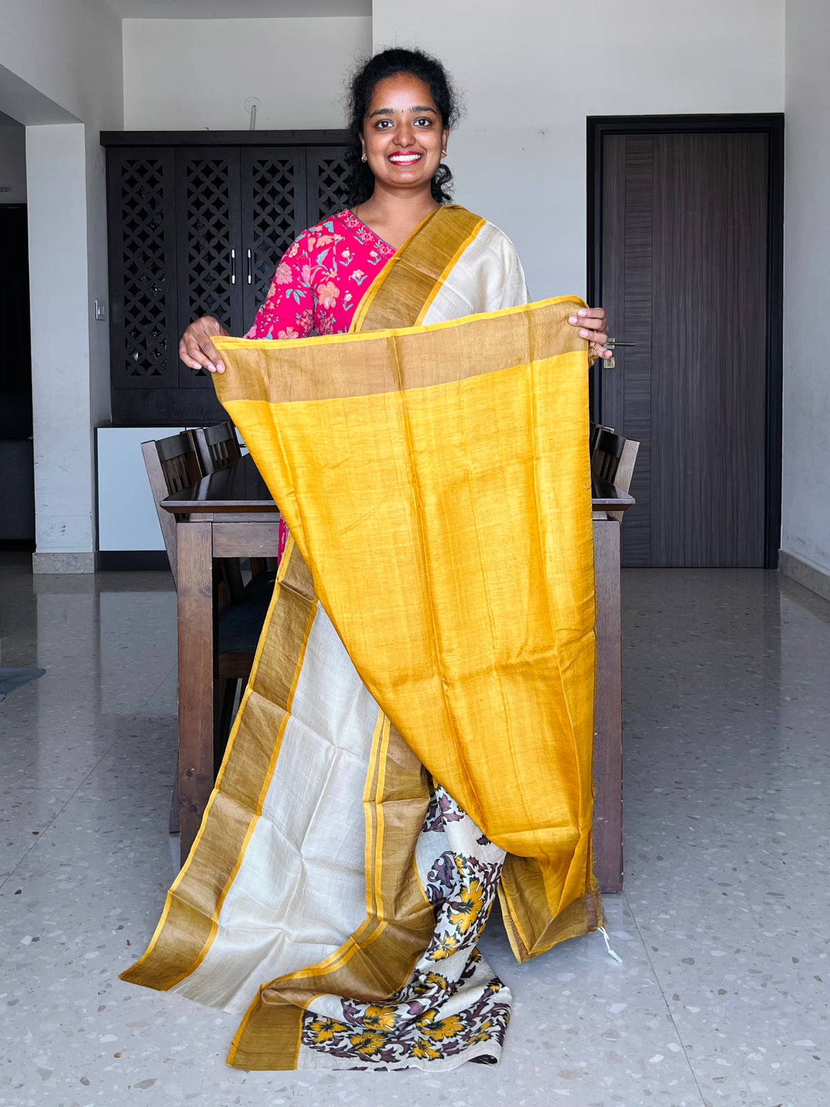 Cream and Yellow Tussar Silk Saree with Prints