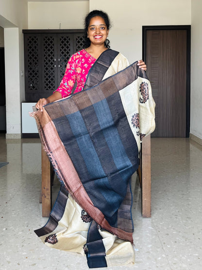 Cream and Black Tussar Silk Saree with Prints