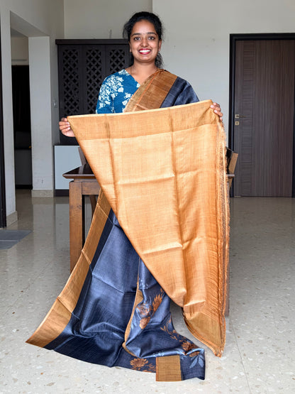 Black and Mustard Tussar Silk Saree with Prints