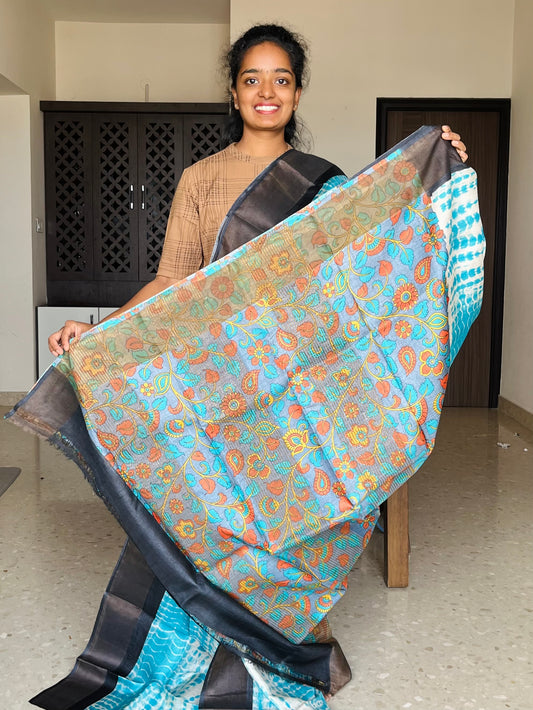 Blue Tie &  Dye Tussar Silk Saree with Prints