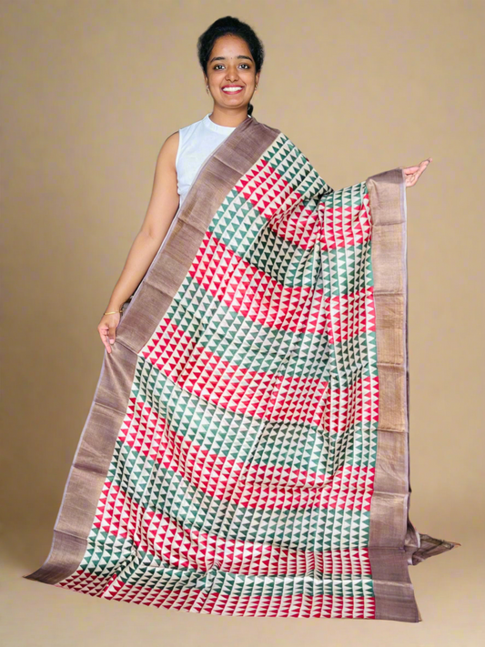 Green and Red Tussar Silk Saree with Prints