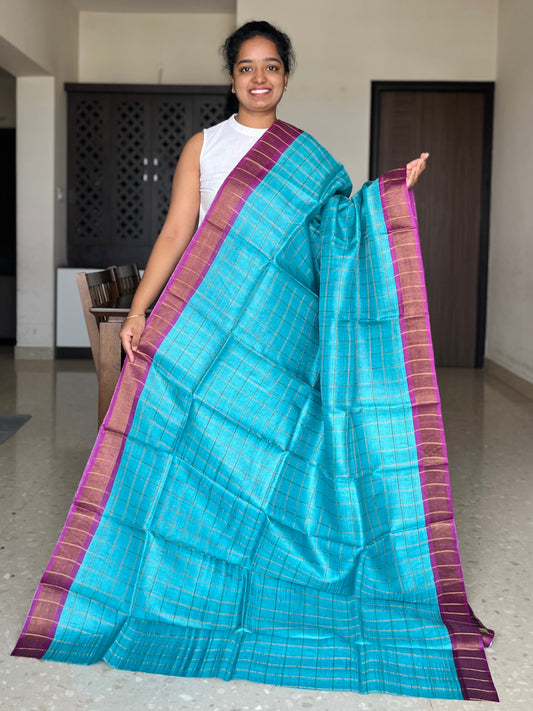Blue and Purple Tussar Silk Saree with Prints