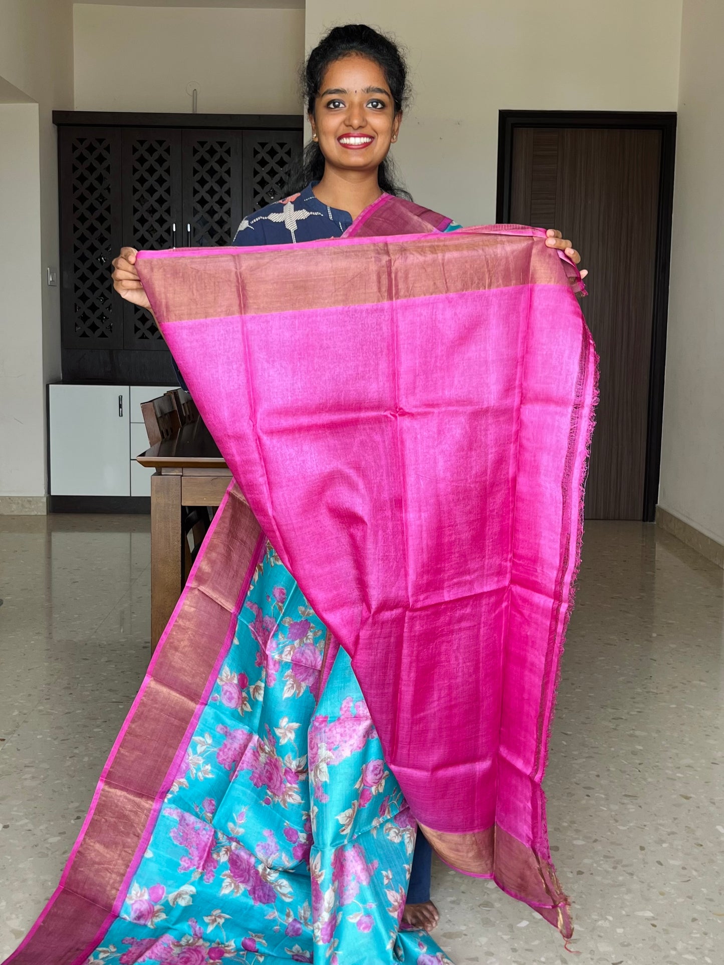 Blue and Pink Tussar Silk Saree with Prints