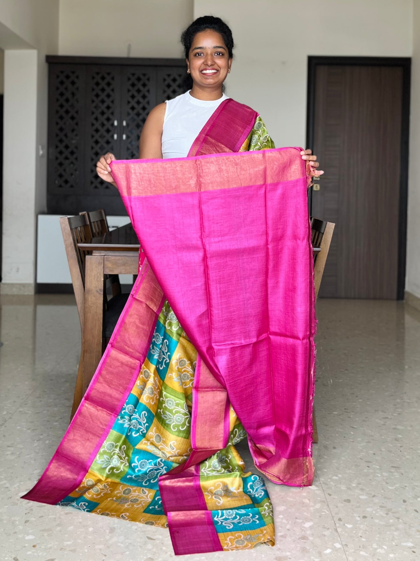 Yellow and Pink Tussar Silk Saree with Prints