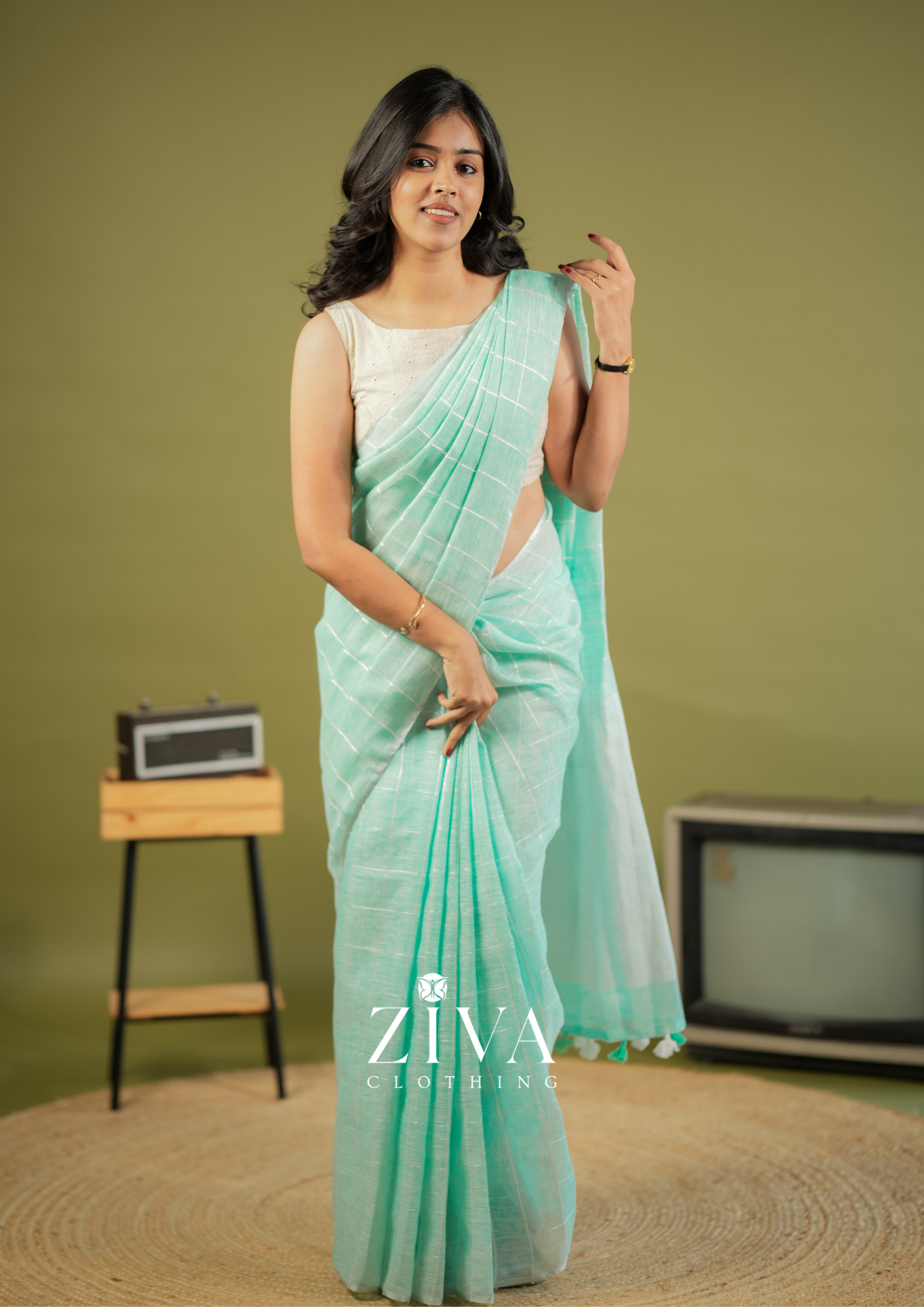 Green Linen Saree Woven With Sequins