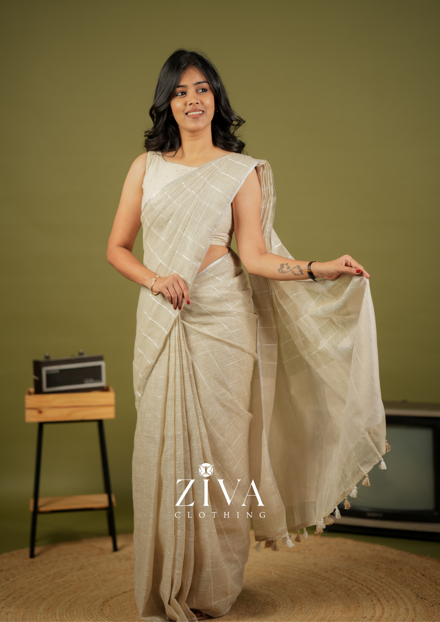 Tan Brown Linen Saree Woven With Sequins