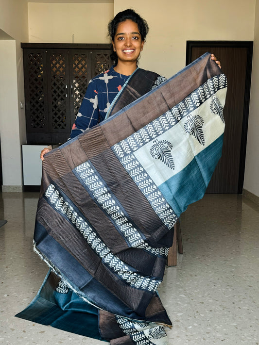 Grey and Black Tussar Silk Saree with Prints
