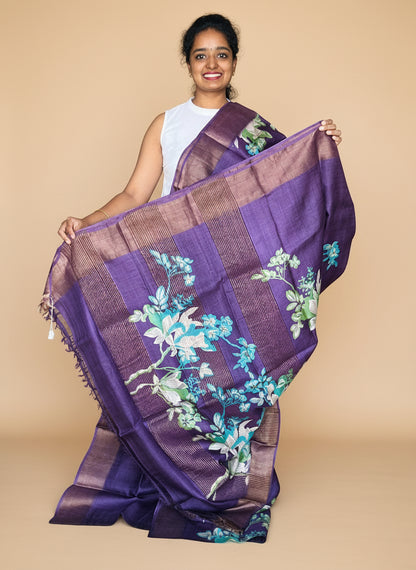 Violet Tussar Silk Saree with Prints